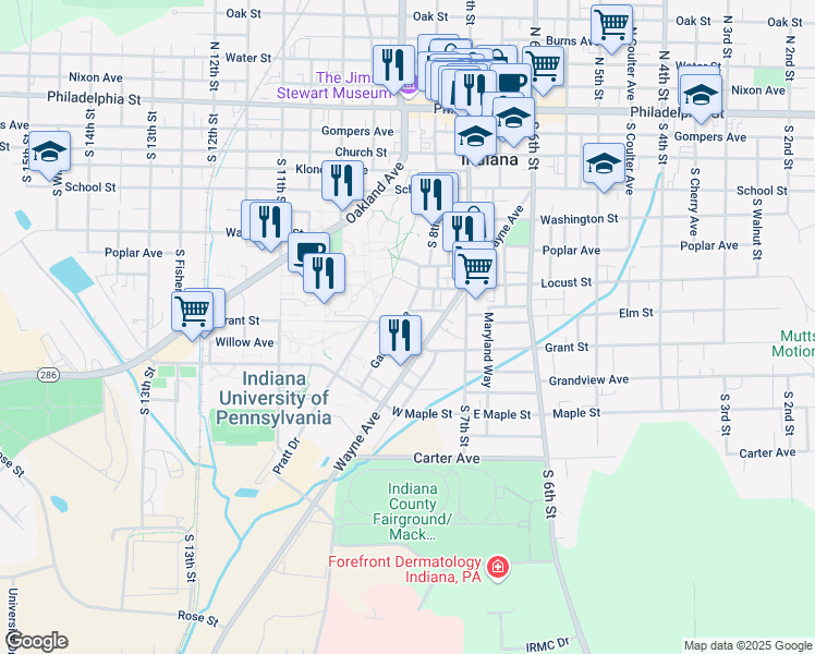 map of restaurants, bars, coffee shops, grocery stores, and more near 835 Grant Street in Indiana