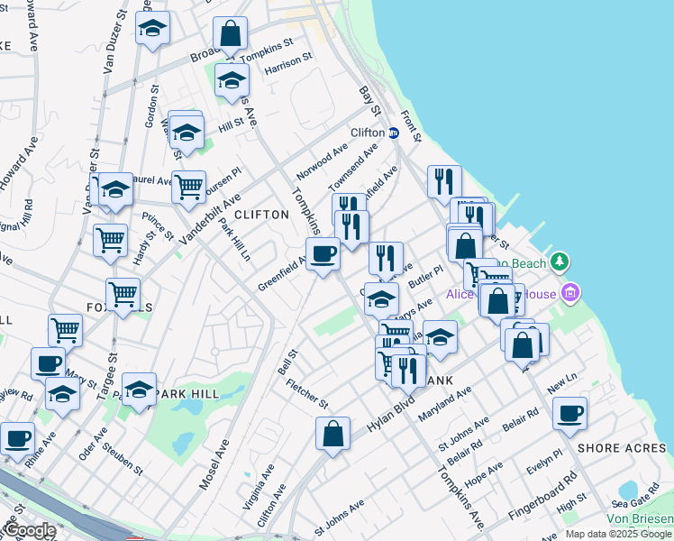 map of restaurants, bars, coffee shops, grocery stores, and more near 353 Tompkins Ave in Staten Island