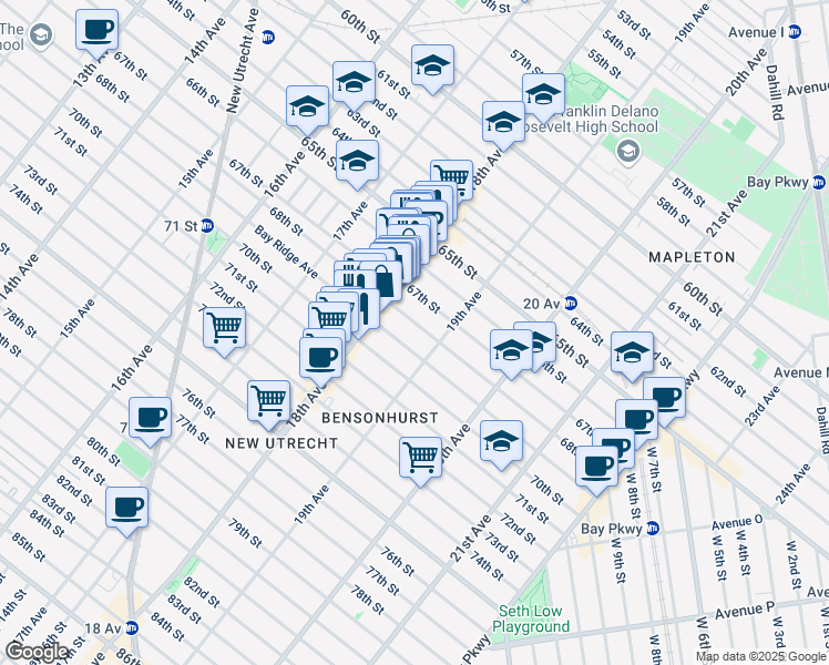 map of restaurants, bars, coffee shops, grocery stores, and more near 1854 68th Street in Brooklyn