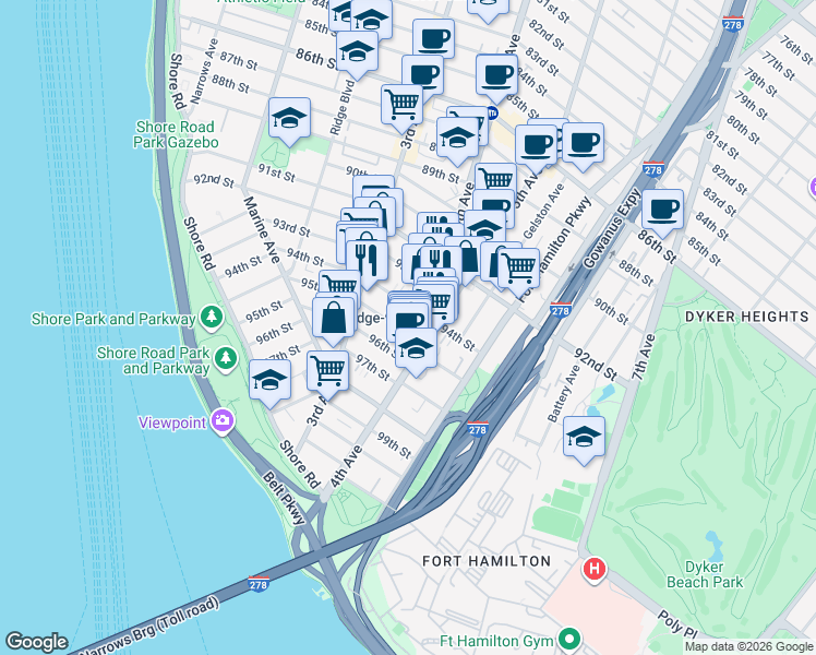 map of restaurants, bars, coffee shops, grocery stores, and more near 375 95th Street in Brooklyn
