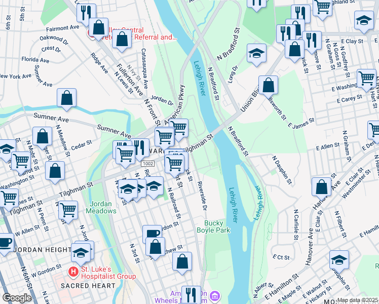map of restaurants, bars, coffee shops, grocery stores, and more near 24 Tilghman Street in Allentown