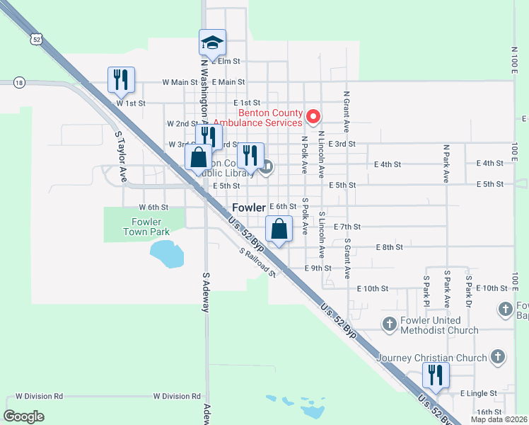 map of restaurants, bars, coffee shops, grocery stores, and more near 107 S Van Buren Ave in Fowler