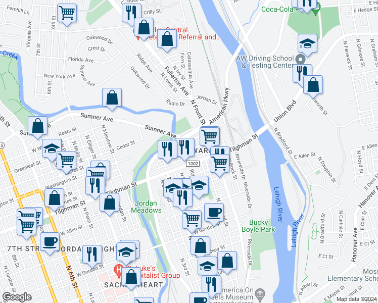 map of restaurants, bars, coffee shops, grocery stores, and more near 723 Ridge Avenue in Allentown
