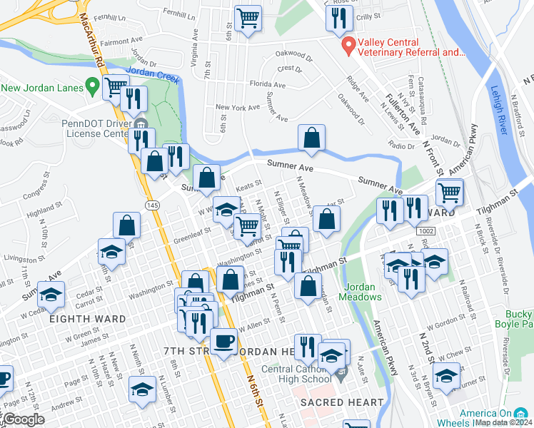map of restaurants, bars, coffee shops, grocery stores, and more near 848 North 4th Street in Allentown
