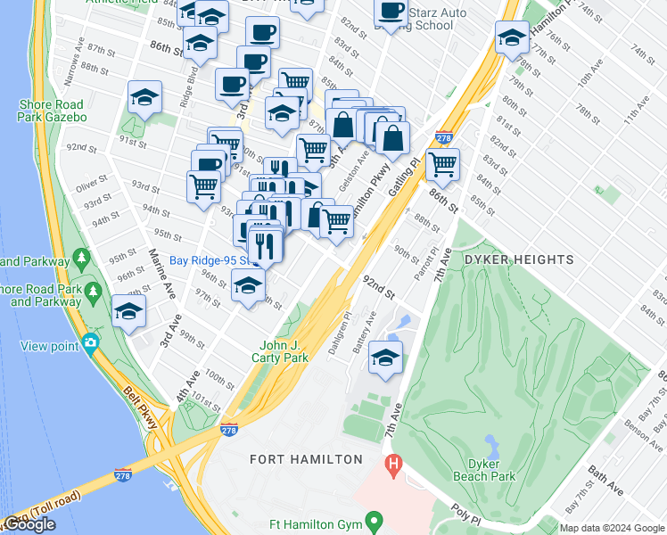 map of restaurants, bars, coffee shops, grocery stores, and more near 568 92nd Street in Brooklyn