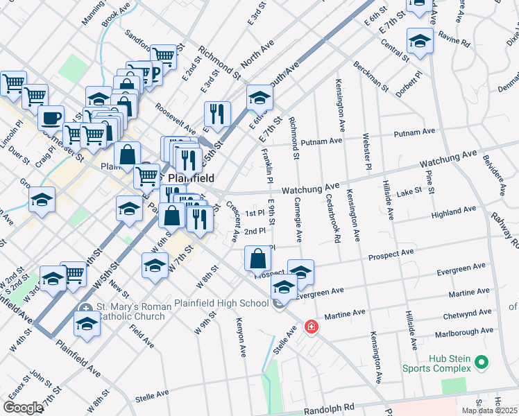 map of restaurants, bars, coffee shops, grocery stores, and more near 825 1st Place in Plainfield
