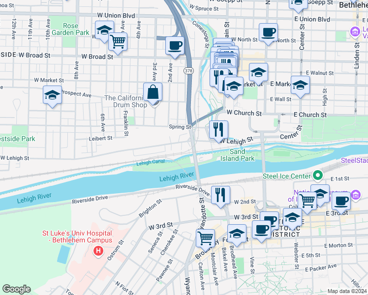map of restaurants, bars, coffee shops, grocery stores, and more near 219 West Lehigh Street in Bethlehem