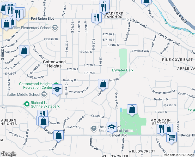 map of restaurants, bars, coffee shops, grocery stores, and more near 2953 East Banbury Road in Cottonwood Heights