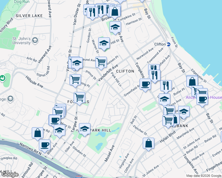 map of restaurants, bars, coffee shops, grocery stores, and more near 140 Park Hill Avenue in Staten Island