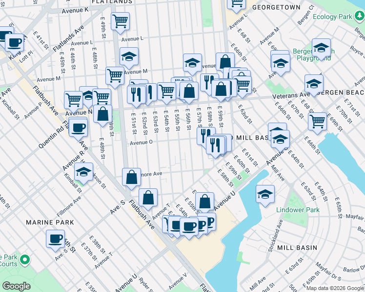 map of restaurants, bars, coffee shops, grocery stores, and more near 1625 East 55th Street in Brooklyn