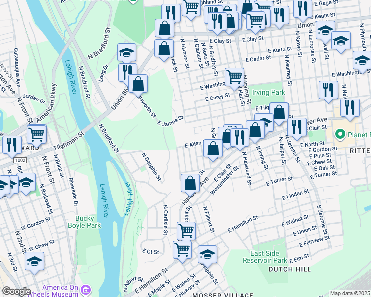 map of restaurants, bars, coffee shops, grocery stores, and more near 522 North Fenwick Street in Allentown