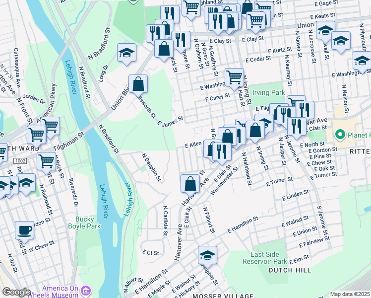 map of restaurants, bars, coffee shops, grocery stores, and more near 522 North Fenwick Street in Allentown