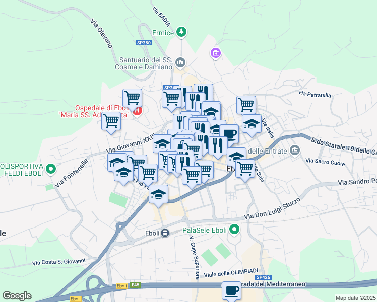 map of restaurants, bars, coffee shops, grocery stores, and more near 54 Viale Giovanni Amendola in Eboli