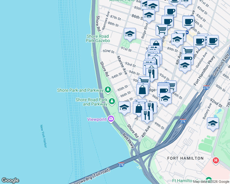 map of restaurants, bars, coffee shops, grocery stores, and more near 9500 Shore Road in Brooklyn