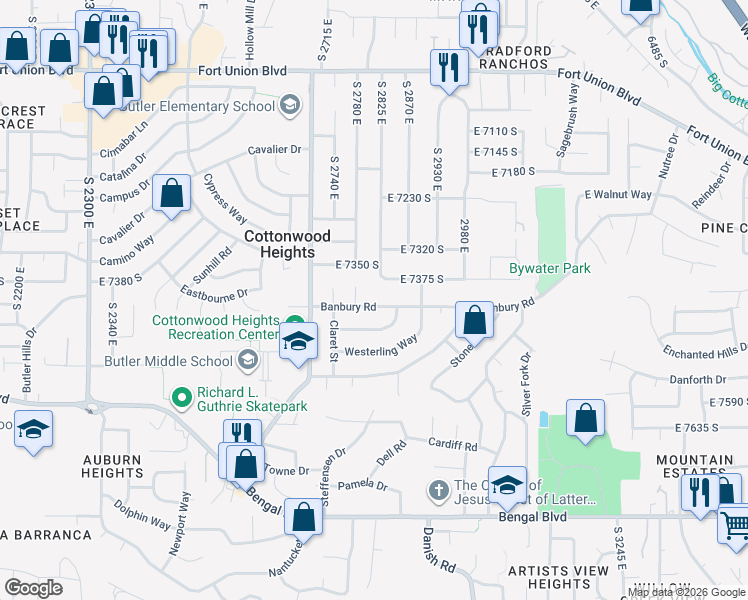 map of restaurants, bars, coffee shops, grocery stores, and more near 7387 Banbury Circle in Cottonwood Heights