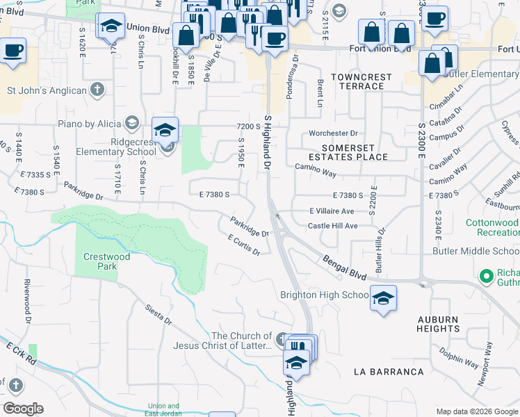 map of restaurants, bars, coffee shops, grocery stores, and more near 7385 South Rich Way in Cottonwood Heights