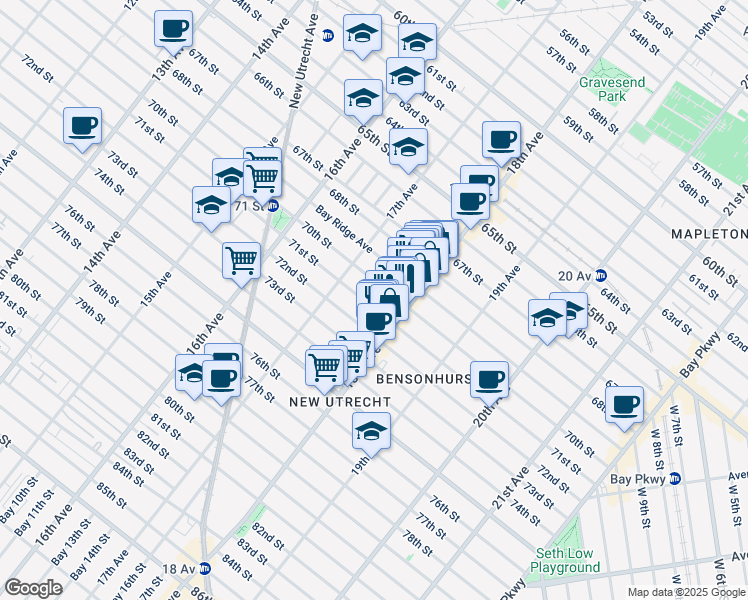 map of restaurants, bars, coffee shops, grocery stores, and more near 1724 70th Street in Brooklyn