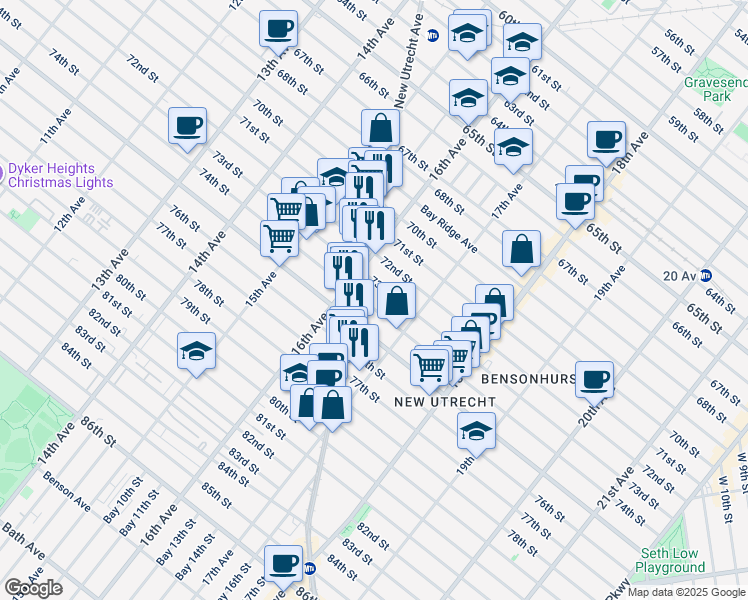 map of restaurants, bars, coffee shops, grocery stores, and more near 7301 New Utrecht Avenue in Brooklyn
