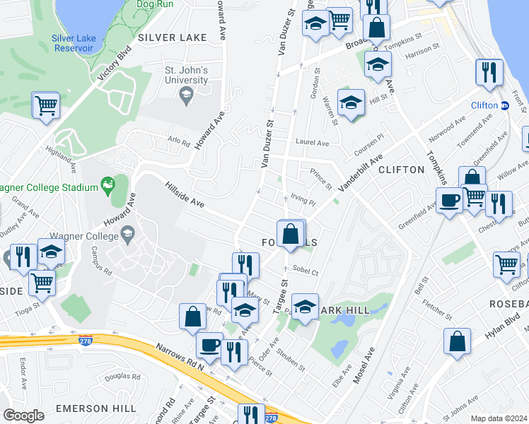 map of restaurants, bars, coffee shops, grocery stores, and more near 913 Van Duzer Street in Staten Island