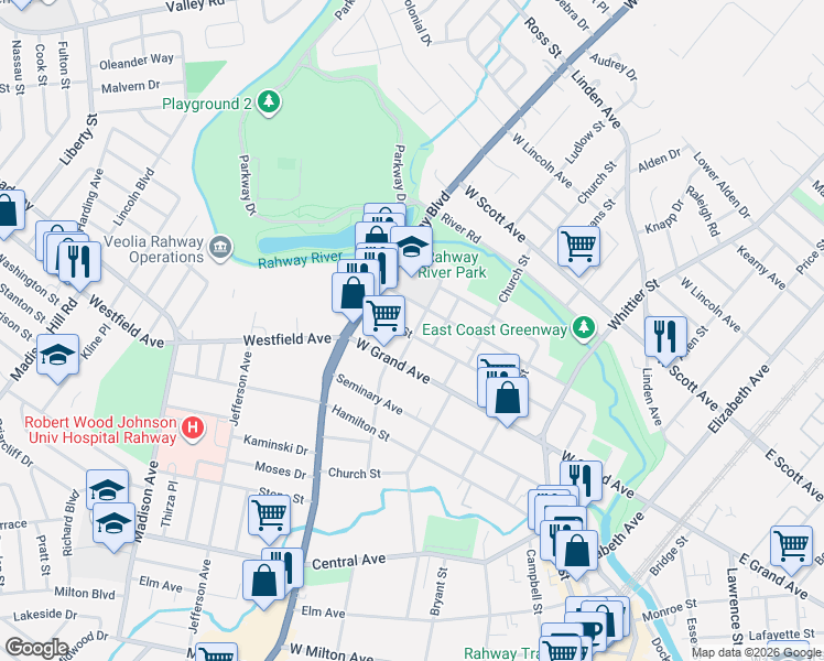 map of restaurants, bars, coffee shops, grocery stores, and more near 757 Union Street in Rahway