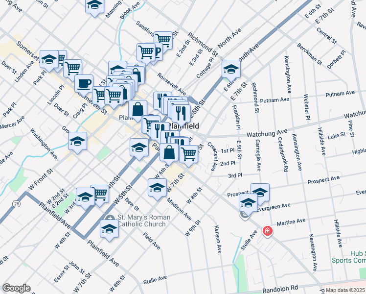 map of restaurants, bars, coffee shops, grocery stores, and more near 140 East 5th Street in Plainfield