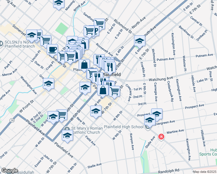 map of restaurants, bars, coffee shops, grocery stores, and more near 140 East 5th Street in Plainfield