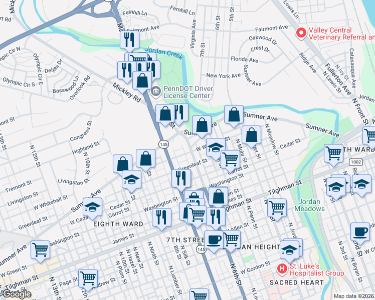 map of restaurants, bars, coffee shops, grocery stores, and more near 950 North 6th Street in Allentown