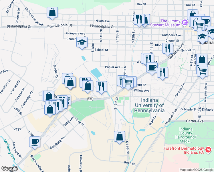 map of restaurants, bars, coffee shops, grocery stores, and more near 468 South 13th Street in Indiana
