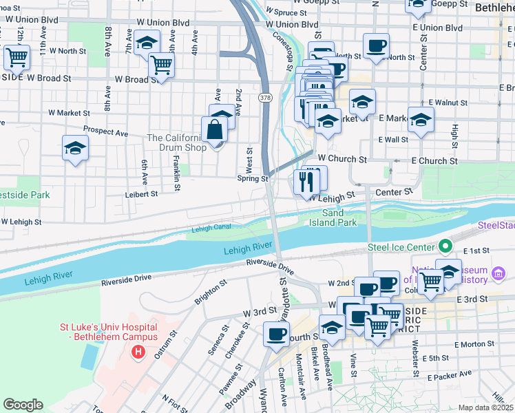 map of restaurants, bars, coffee shops, grocery stores, and more near 219 West Lehigh Street in Bethlehem