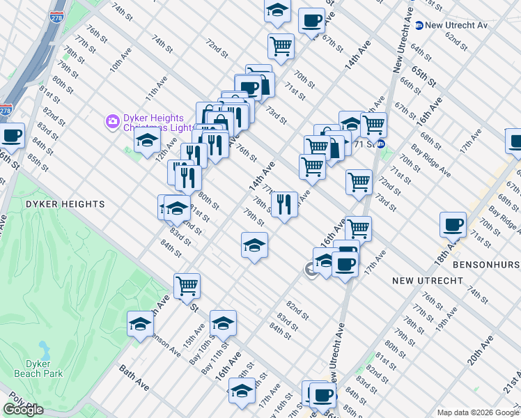 map of restaurants, bars, coffee shops, grocery stores, and more near 7803 14th Avenue in Brooklyn