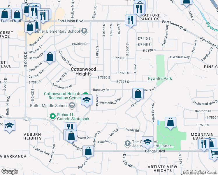map of restaurants, bars, coffee shops, grocery stores, and more near 7387 Banbury Circle in Cottonwood Heights