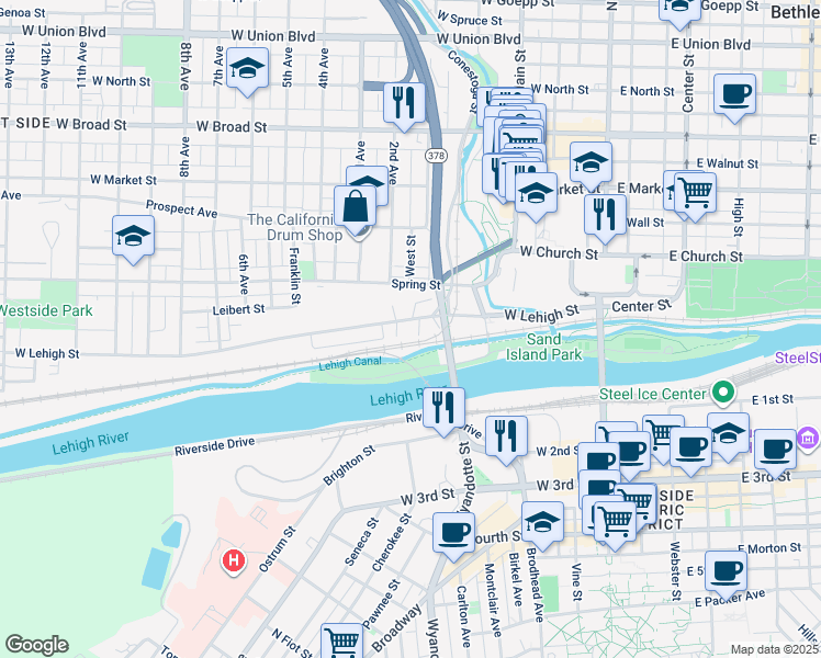 map of restaurants, bars, coffee shops, grocery stores, and more near 227 West Lehigh Street in Bethlehem