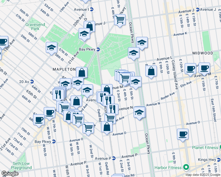 map of restaurants, bars, coffee shops, grocery stores, and more near Avenue M & East 2nd Street in Brooklyn