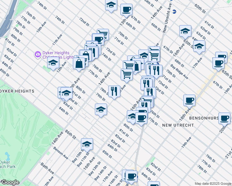 map of restaurants, bars, coffee shops, grocery stores, and more near 7606 15th Avenue in Brooklyn