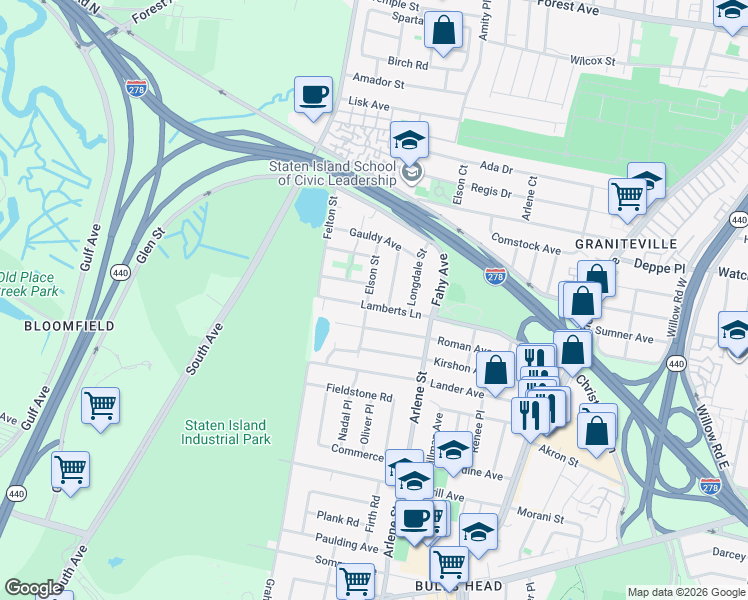 map of restaurants, bars, coffee shops, grocery stores, and more near 65 Elson Street in Staten Island