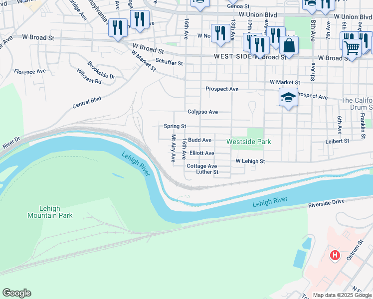 map of restaurants, bars, coffee shops, grocery stores, and more near 1707 Budd Avenue in Bethlehem