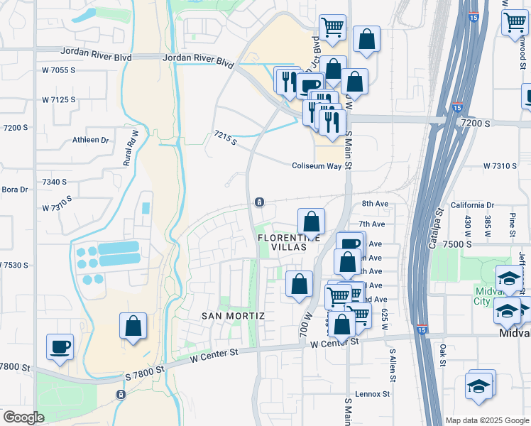 map of restaurants, bars, coffee shops, grocery stores, and more near 7387 Bingham Junction Boulevard in Midvale