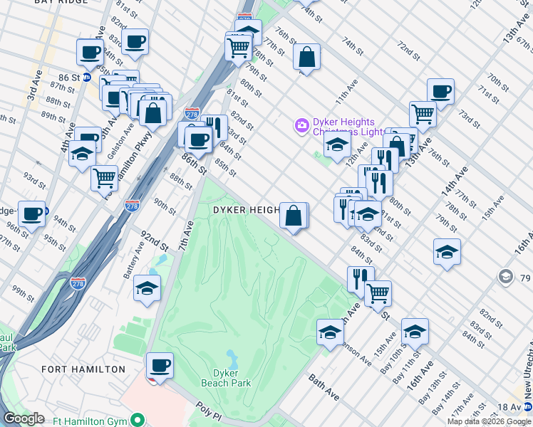 map of restaurants, bars, coffee shops, grocery stores, and more near 1119 86th Street in Brooklyn