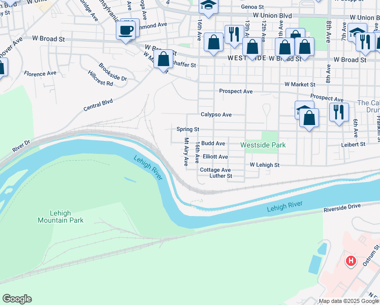 map of restaurants, bars, coffee shops, grocery stores, and more near 1714 Elliott Avenue in Bethlehem