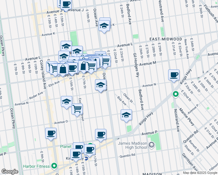 map of restaurants, bars, coffee shops, grocery stores, and more near 1851 Ocean Avenue in Brooklyn