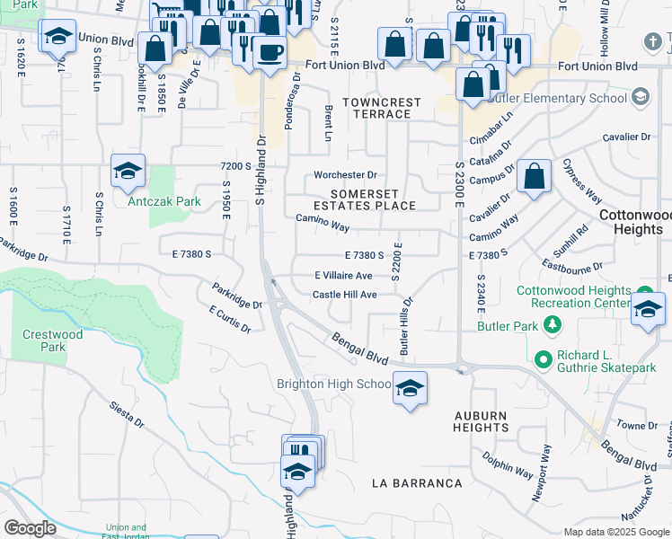 map of restaurants, bars, coffee shops, grocery stores, and more near 2102 Lonsdale Drive in Cottonwood Heights