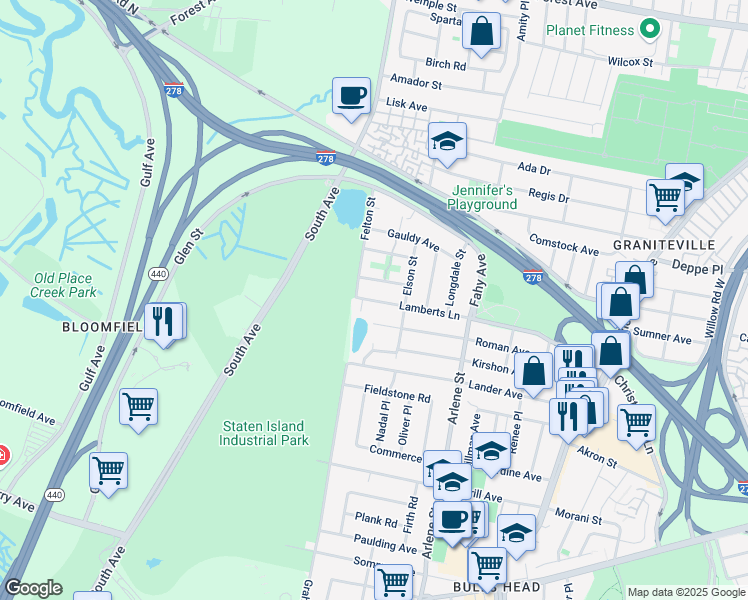 map of restaurants, bars, coffee shops, grocery stores, and more near 40 Leigh Avenue in Staten Island