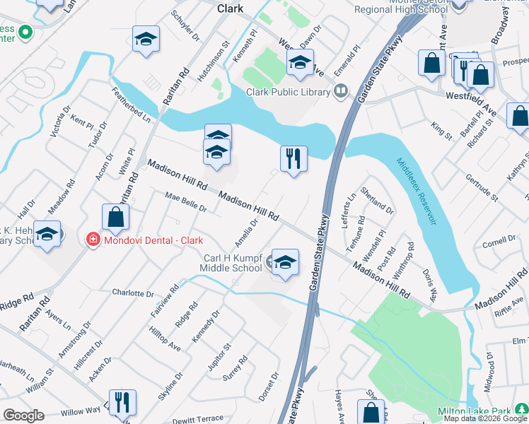 map of restaurants, bars, coffee shops, grocery stores, and more near 434 Madison Hill Road in Clark