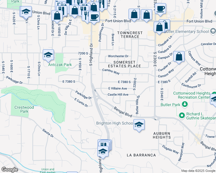 map of restaurants, bars, coffee shops, grocery stores, and more near 7391 Viscayne Drive in Salt Lake City