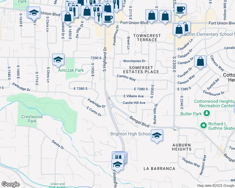 map of restaurants, bars, coffee shops, grocery stores, and more near 7391 Viscayne Drive in Salt Lake City