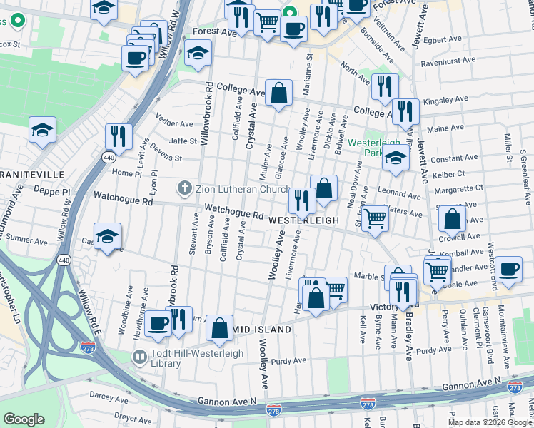 map of restaurants, bars, coffee shops, grocery stores, and more near 179 Glascoe Avenue in Staten Island