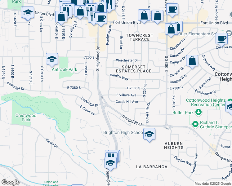 map of restaurants, bars, coffee shops, grocery stores, and more near 7391 Viscayne Drive in Salt Lake City