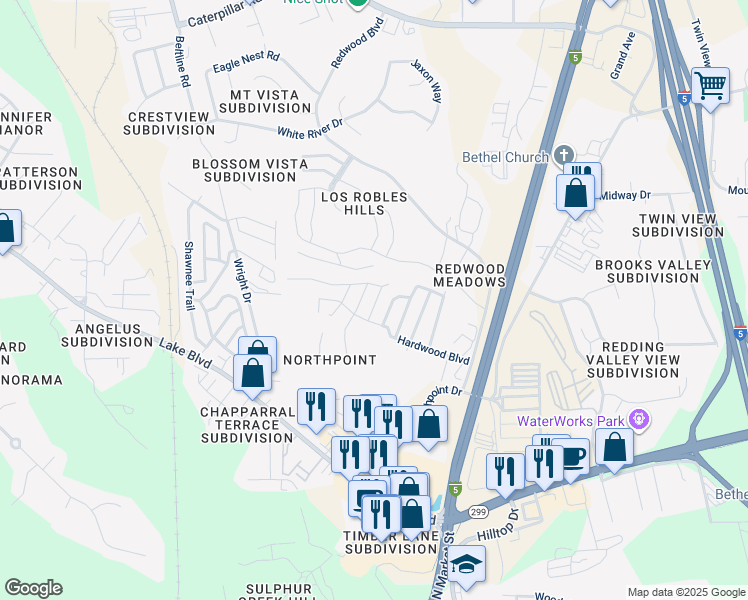 map of restaurants, bars, coffee shops, grocery stores, and more near 494 Logwood Drive in Redding
