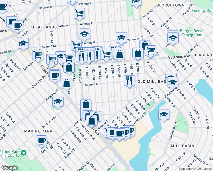 map of restaurants, bars, coffee shops, grocery stores, and more near 5321 Avenue O in Brooklyn