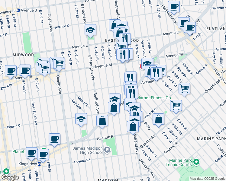 map of restaurants, bars, coffee shops, grocery stores, and more near 1401 East 28th Street in Brooklyn